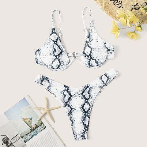 Set Bikini A Collo Alto Con Stampa Effetto Serpente E Taglio Alto