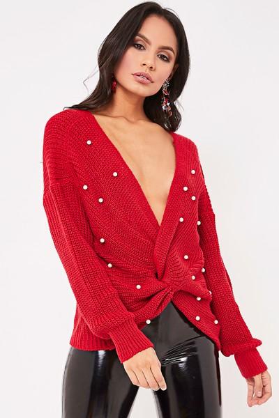 Louise Red Pearl Twist Knitted Jumper