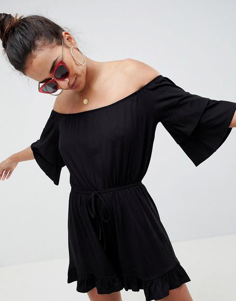 Asos Design - Tuta Corta In Jersey Con Spalle Scoperte E Volant Sul Fondo - Nero