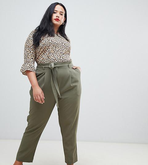 Pantalones Con Diseño Paperbag En Verde De New Look Curve