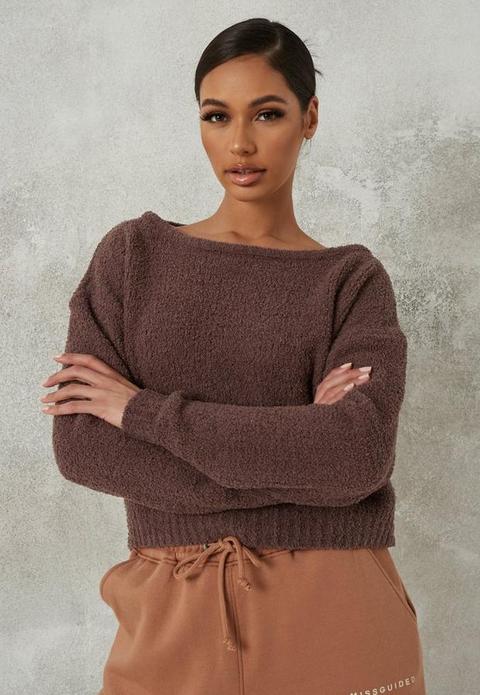 Petite Chocolate Cosy Knit Off Shoulder Jumper, Brown