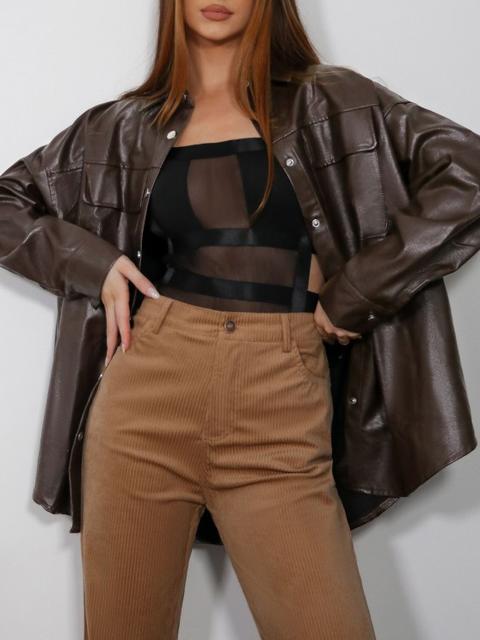 Zaful Button Up Faux Leather Shacket Taupe