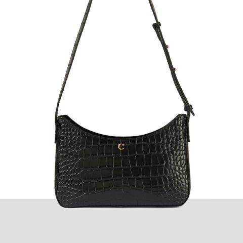 Black Croc Florence Baguette Bag