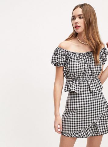 Womens Black Gingham Print Milkmaid Top, Black