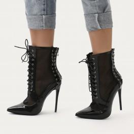 Eshal Lace Up Mesh Detail Pointed Toe Ankle Boots In Black Patent