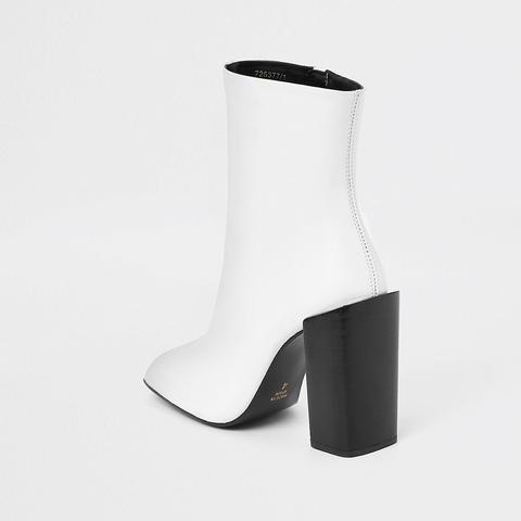 White Leather Square Toe Block Heel 