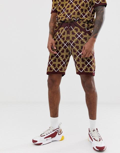 Asos Design - Short En Maille À Imprimé Baroque (ensemble)-marron