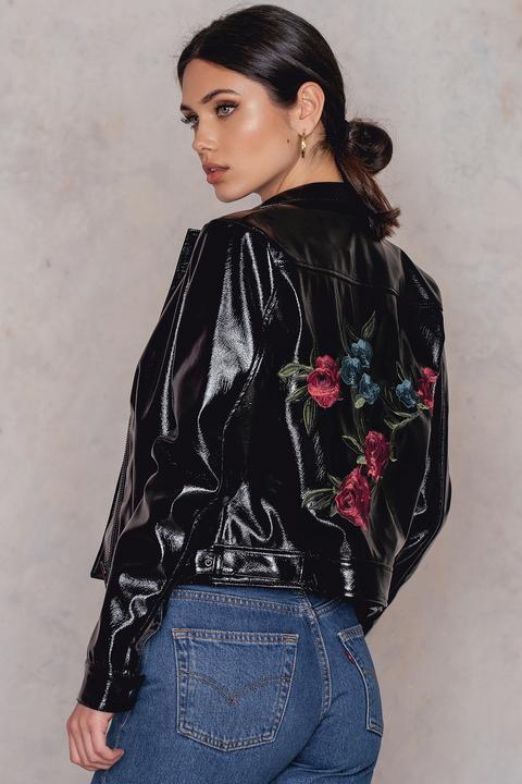 Patent Embroidery Biker Jacket Black