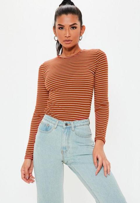 Rust Stripe Crew Neck Top, Rust