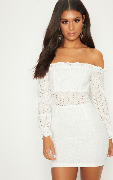 White Broderie Anglaise Bardot Bodycon Dress