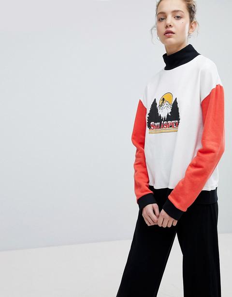 Daisy Street High Neck Sweatshirt With Vintage Print - White