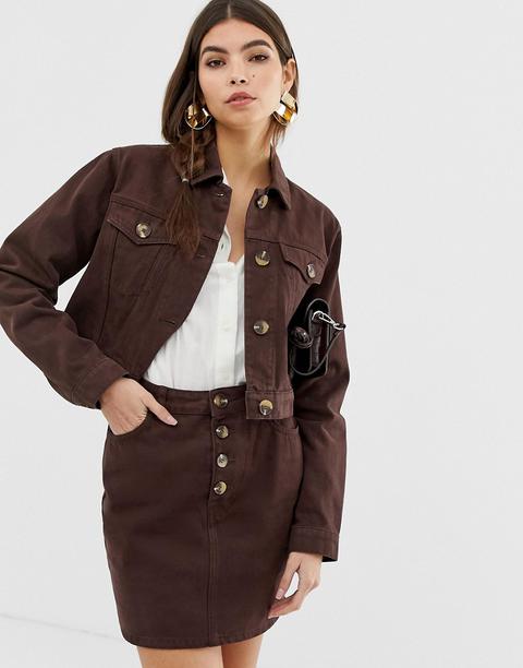 Asos Design Denim Jacket With Mock Horn Buttons In Chocolate-brown