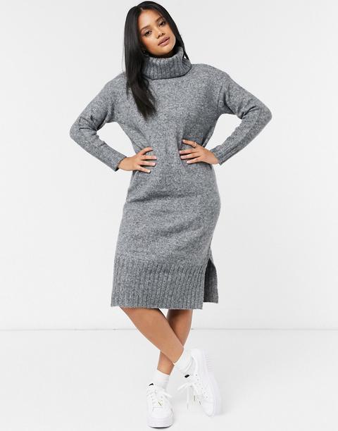 New Look Knitted Roll Neck Midi Jumper Dress In Grey