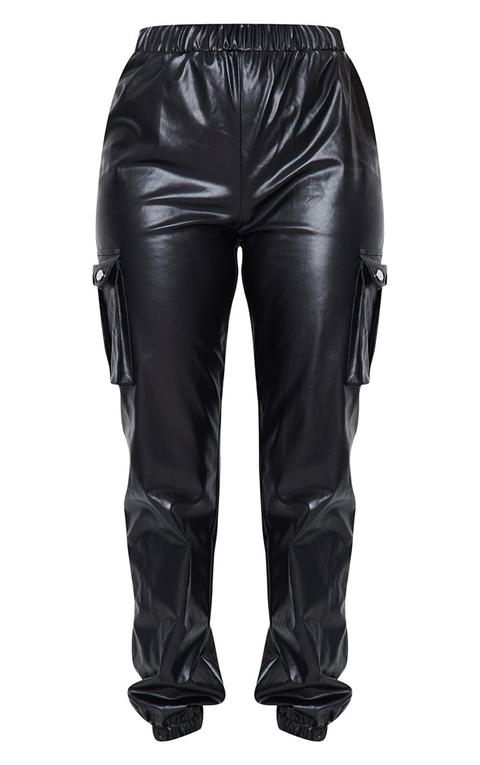 Black Faux Leather Cargo Trousers