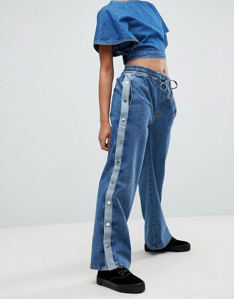 Asos - Pantaloni Della Tuta In Denim Con Bottoni A Pressione Laterali - Blu