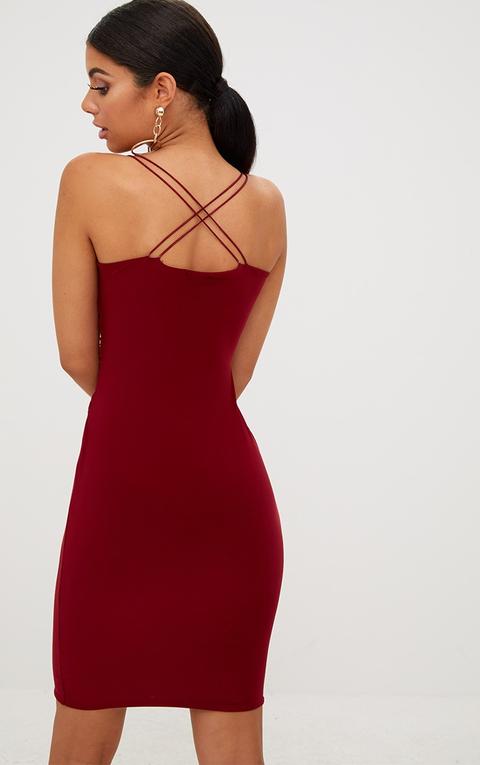 Burgundy Slinky Twist Front Strappy Bodycon Dress